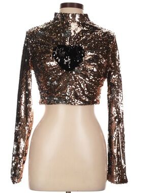 AKIRA Bronze Sequin Long-Sleeve Crop Top with Black Heart